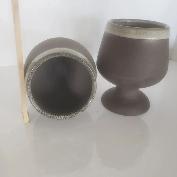 Vintage Green Earth Brown with Glazed brown/Green Rim Clay Wine Goblets. - Picture 7 of 8
